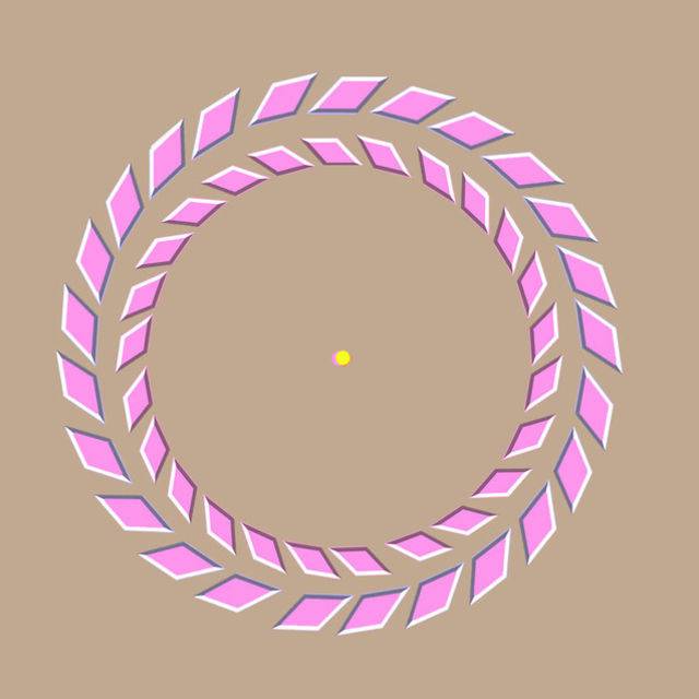 Stare at the yellow dot. Then, move your head closer to the screen and the pink rings will rotate.
