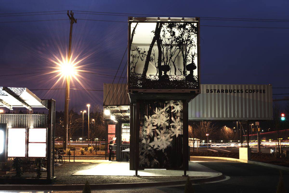 Starbucks Coffee Shop Made From Shipping Containers Night