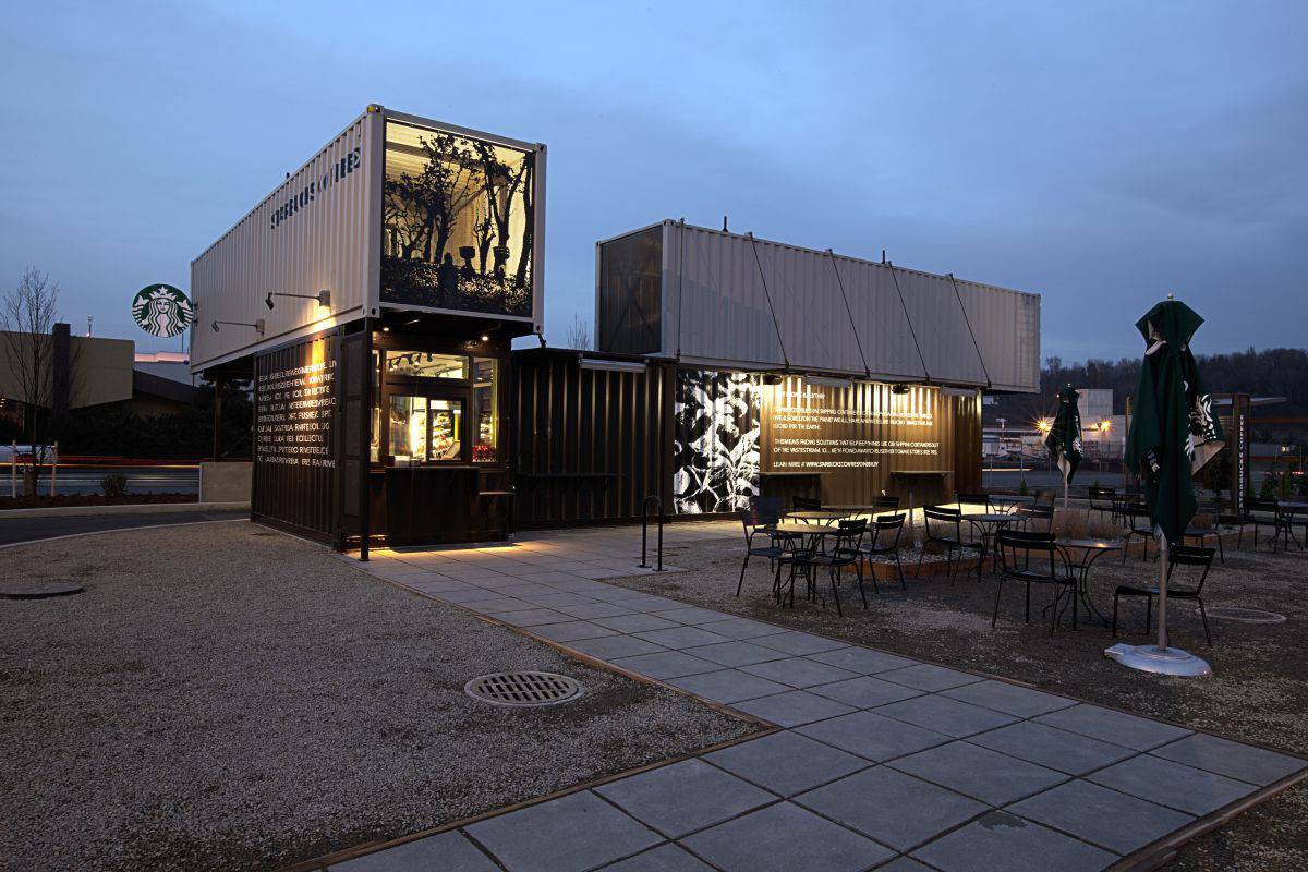 Starbucks Coffee Shop Made From Shipping Containers View