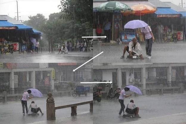 The woman who kept a homeless man dry during a downpour